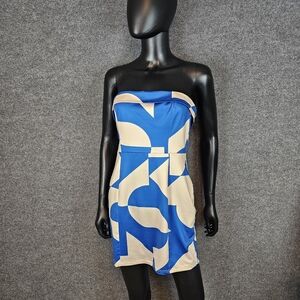 Hello Molly Cubism Strapless Mini Dress – Bold Blue & Off-White Print